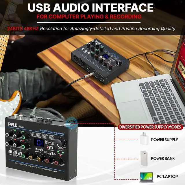 Alt view image 3 of 7 - USB Audio Interface - MIC/LINE - Guitar - AUX Stereo & RCA Inputs - Preset 24 Digital Effects - Phantom Power - Phone/Stereo/Monitor/Headphone Outputs - For Computer Playing & Recording - PMUX9