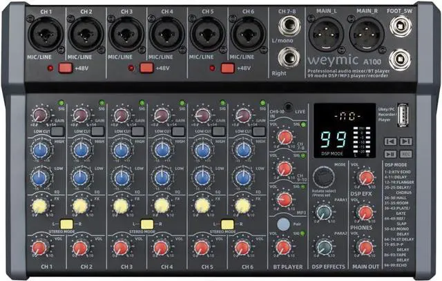 Main image of A-Series Professional Mixer for Recording DJ Stage Karaoke Music Application w/USB Drive for Computer Recording Input, XLR Microphone Jack, 48V Power, RCA Output for Professional (10-Channel)