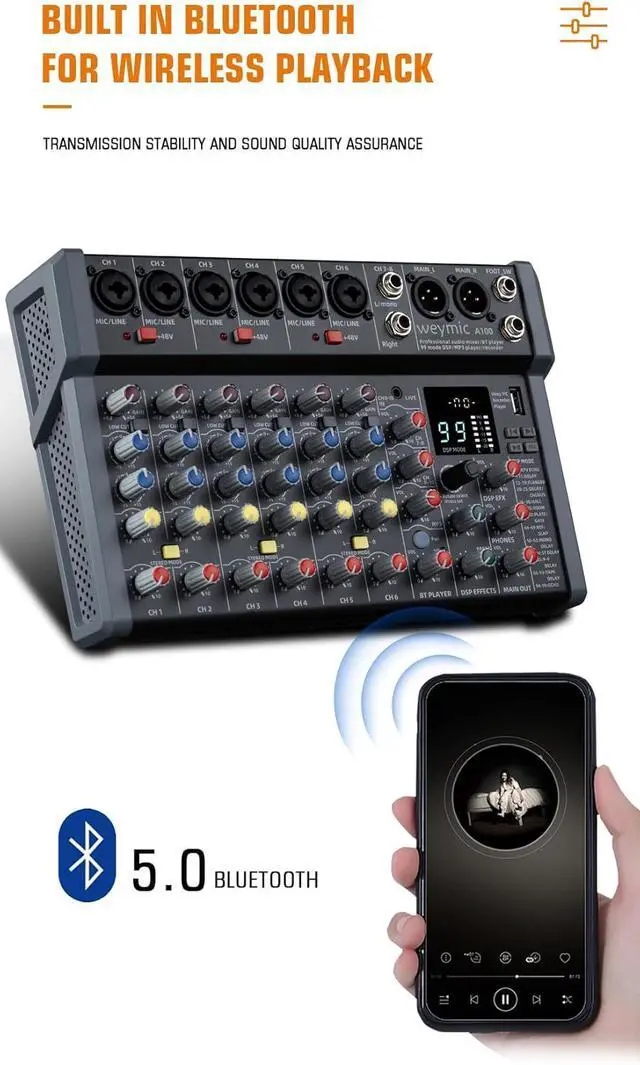 Alt view image 5 of 7 - A-Series Professional Mixer for Recording DJ Stage Karaoke Music Application w/USB Drive for Computer Recording Input, XLR Microphone Jack, 48V Power, RCA Output for Professional (10-Channel)