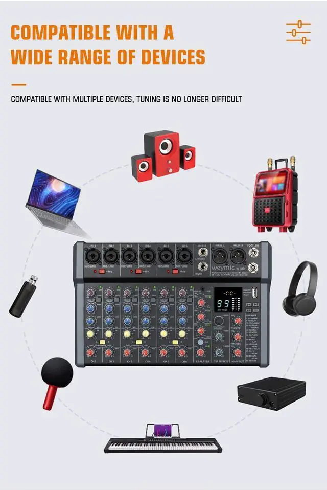 Alt view image 6 of 7 - A-Series Professional Mixer for Recording DJ Stage Karaoke Music Application w/USB Drive for Computer Recording Input, XLR Microphone Jack, 48V Power, RCA Output for Professional (10-Channel)