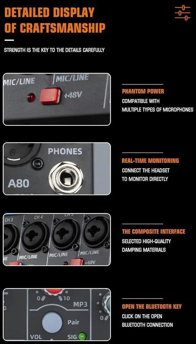 Alt view image 7 of 7 - A-Series Professional Mixer for Recording DJ Stage Karaoke Music Application w/USB Drive for Computer Recording Input, XLR Microphone Jack, 48V Power, RCA Output for Professional (10-Channel)