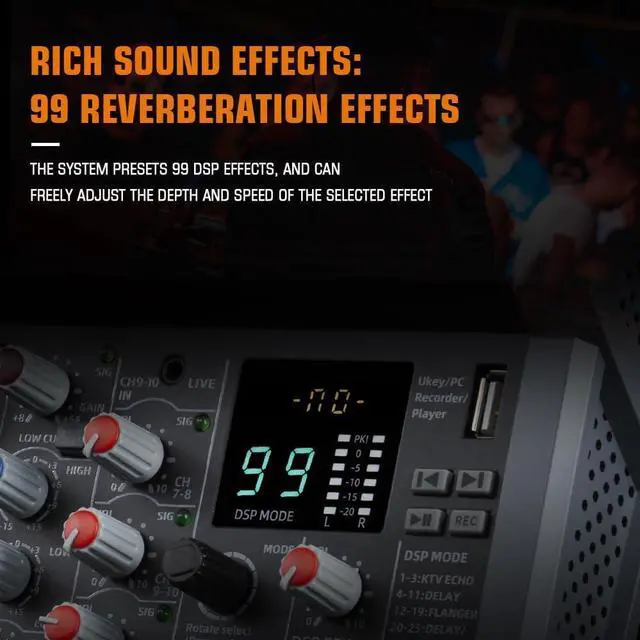 Alt view image 2 of 7 - A-Series Professional Mixer for Recording DJ Stage Karaoke Music Application w/USB Drive for Computer Recording Input, XLR Microphone Jack, 48V Power, RCA Output for Professional (10-Channel)