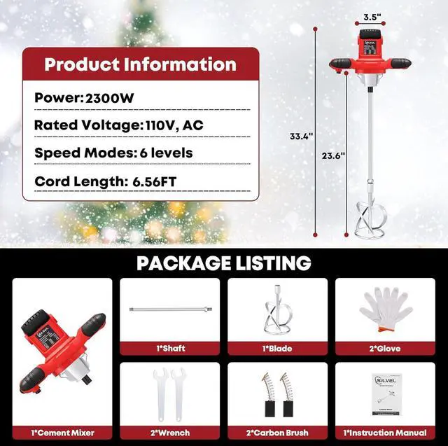 Alt view image 2 of 7 - Cement Mixer, 2300W Handheld Electric Concrete Mixer, Portable Mortar Mixer with 6 Adjustable Speed, 110V Mud Mixer for Mixing Mud, Cement, Mortar, Paint, Fodder