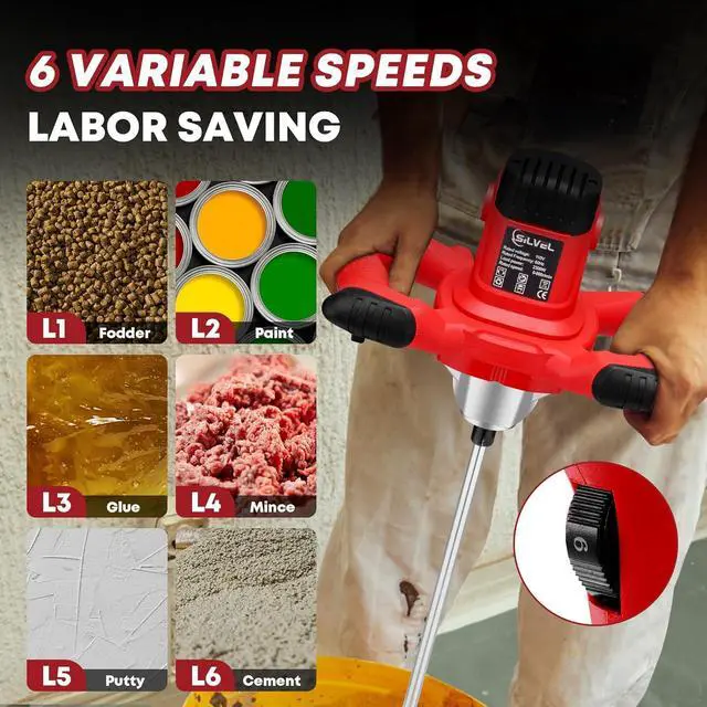Alt view image 4 of 7 - Cement Mixer, 2300W Handheld Electric Concrete Mixer, Portable Mortar Mixer with 6 Adjustable Speed, 110V Mud Mixer for Mixing Mud, Cement, Mortar, Paint, Fodder