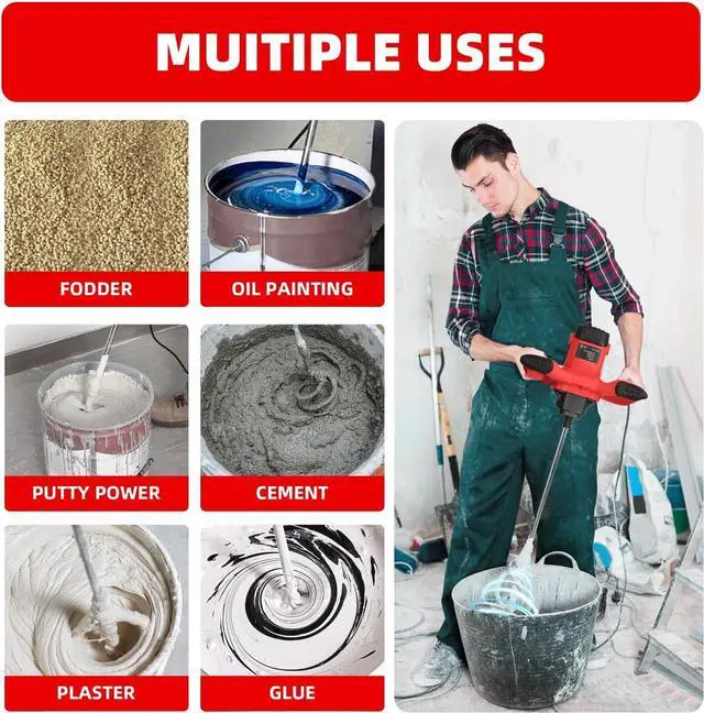Alt view image 5 of 7 - Cement Mixer 2300W, Handheld Electric Concrete Mixer with 6 Adjustable Speed, 110V Portable Mud Mixer Paint Mixer for Motar Grout Plaster Thinset Fodder Stirring Tool