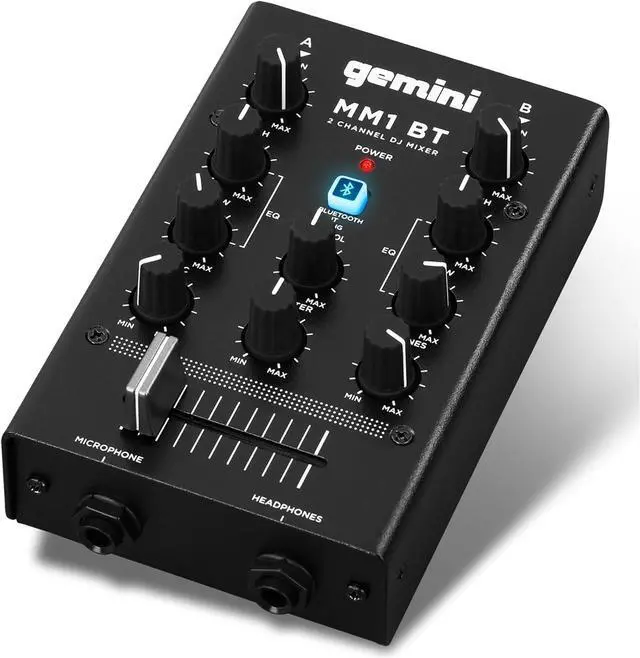 Main image of Gemini Portable Bluetooth DJ Mixer  2-Channel Mini Audio Mixer with Wireless Input, RCA, Mic & Headphone Jacks, EQ & Crossfader  Compact DJ Mixer Board for Beginners & Mobile DJs (MM1BT)