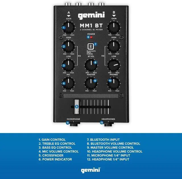 Alt view image 2 of 6 - Gemini Portable Bluetooth DJ Mixer  2-Channel Mini Audio Mixer with Wireless Input, RCA, Mic & Headphone Jacks, EQ & Crossfader  Compact DJ Mixer Board for Beginners & Mobile DJs (MM1BT)