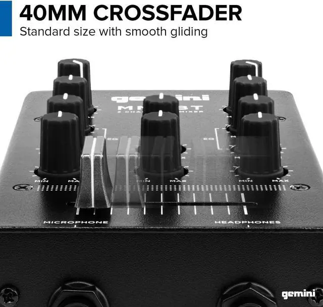 Alt view image 3 of 6 - Gemini Portable Bluetooth DJ Mixer  2-Channel Mini Audio Mixer with Wireless Input, RCA, Mic & Headphone Jacks, EQ & Crossfader  Compact DJ Mixer Board for Beginners & Mobile DJs (MM1BT)