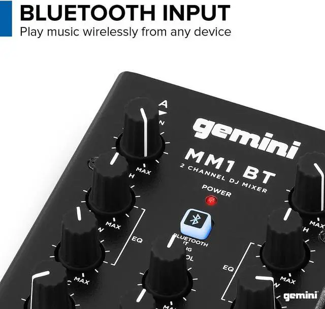 Alt view image 5 of 6 - Gemini Portable Bluetooth DJ Mixer  2-Channel Mini Audio Mixer with Wireless Input, RCA, Mic & Headphone Jacks, EQ & Crossfader  Compact DJ Mixer Board for Beginners & Mobile DJs (MM1BT)