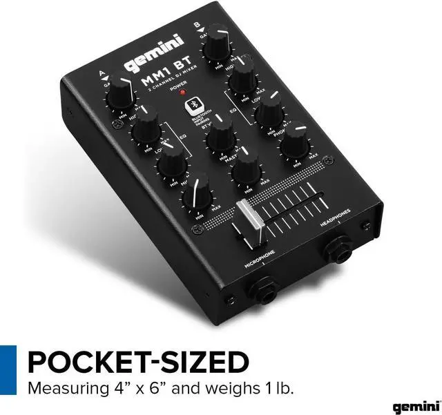 Alt view image 6 of 6 - Gemini Portable Bluetooth DJ Mixer  2-Channel Mini Audio Mixer with Wireless Input, RCA, Mic & Headphone Jacks, EQ & Crossfader  Compact DJ Mixer Board for Beginners & Mobile DJs (MM1BT)