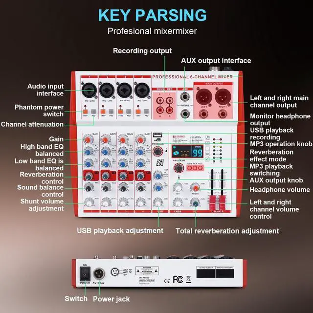 Alt view image 3 of 7 - MW-6 6 Channel Professional DJ Audio Mixer, Portable Controller Mixer with DSP 99 Preset Effects for Live Streaming, Podcasting, Family Party (mw-6 white)