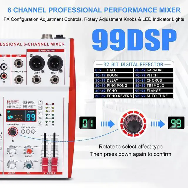 Alt view image 4 of 7 - MW-6 6 Channel Professional DJ Audio Mixer, Portable Controller Mixer with DSP 99 Preset Effects for Live Streaming, Podcasting, Family Party (mw-6 white)