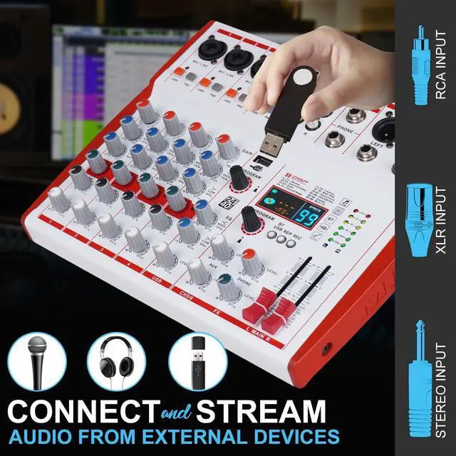 Alt view image 6 of 7 - MW-6 6 Channel Professional DJ Audio Mixer, Portable Controller Mixer with DSP 99 Preset Effects for Live Streaming, Podcasting, Family Party (mw-6 white)