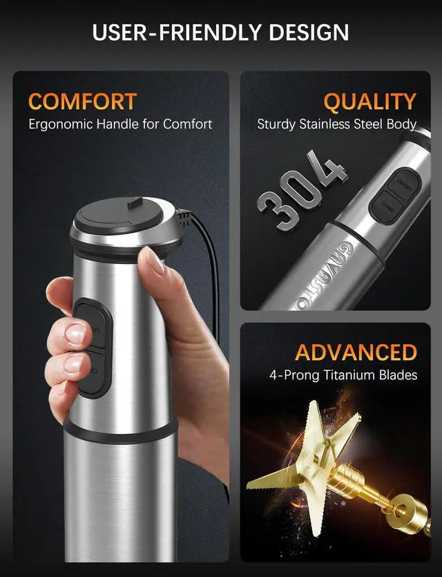 Alt view image 6 of 7 - Immersion Blender Handheld  Hand Blender,20 Speeds and Turbo Mode Hand Mixer, 3-in-1 Heavy Duty Copper Motor Stainless Steel