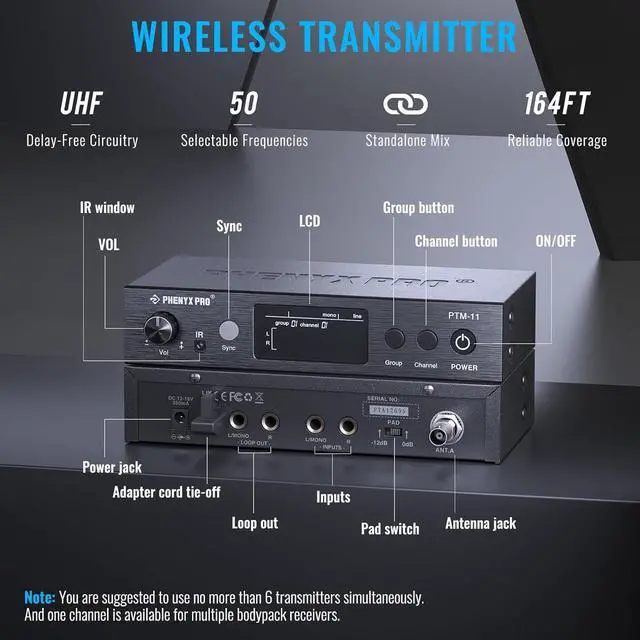 Alt view image 2 of 6 - UHF Mono Wireless in-Ear Monitor System, Metal Wireless IEM System, Bodypack Receiver, 50 Adjustable Frequencies, Separate Outputs, 164ft Operation, Suitable for Band and Studio (PTM-11)