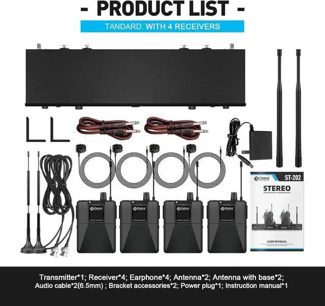 Alt view image 6 of 6 - Audio PRO ST-202 UHF Stereo Wireless in Ear Monitor System, Dual Channel Wireless IEM with Monitoring Type for Stage, Receiver for Studio, Guitar, Band Performance (Dual Channel, 4 Bodypack)