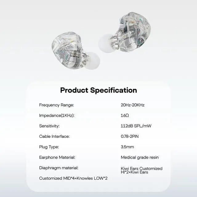 Alt view image 5 of 7 - Kiwi Ears Orchestra Lite Performance Custom 8BA in-Ear Monitor IEM with Detachable 4-core 7N Oxygen-Free Copper OFC Cable, Handcrafts Faceplate for Audiophile Studio Musician (Clear)