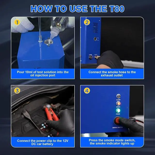 Alt view image 6 of 7 - T80 Automotive Smoke Machine Leak Detector, EVAP Vacuum Smoke Tester Machine with Liquid Level Gauge, Built-in Air Pump Smoke Detector for All DC 12V Vehicles