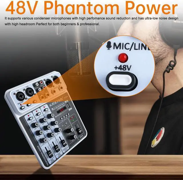 Alt view image 2 of 7 - Professional DJ audio mixer, 4-channel DJ mixer, Bluetooth sound mixer, supports USB/MP3/BT computer input, 48V phantom power stereo studio audio mixer suitable for DJ studio streaming recording