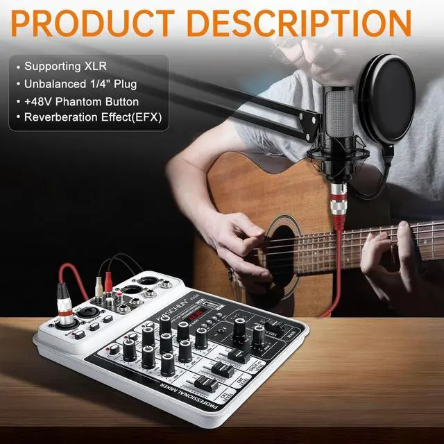 Alt view image 3 of 7 - Professional DJ audio mixer, 4-channel DJ mixer, Bluetooth sound mixer, supports USB/MP3/BT computer input, 48V phantom power stereo studio audio mixer suitable for DJ studio streaming recording