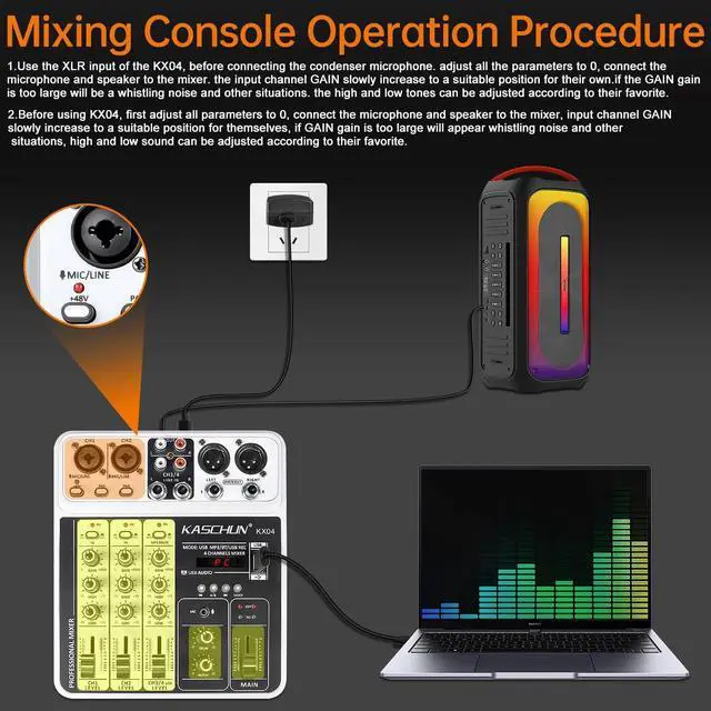 Alt view image 4 of 7 - Professional DJ audio mixer, 4-channel DJ mixer, Bluetooth sound mixer, supports USB/MP3/BT computer input, 48V phantom power stereo studio audio mixer suitable for DJ studio streaming recording