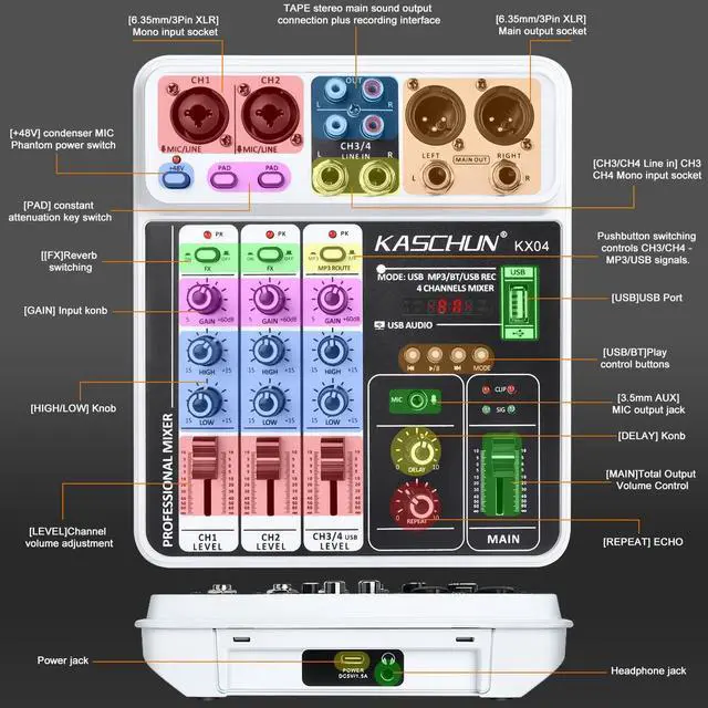 Alt view image 7 of 7 - Professional DJ audio mixer, 4-channel DJ mixer, Bluetooth sound mixer, supports USB/MP3/BT computer input, 48V phantom power stereo studio audio mixer suitable for DJ studio streaming recording