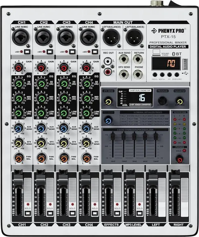 Main image of Professional Audio Mixer,  Sound Console w/USB Audio Interface, 4-Channel Sound board DJ Mixer w/Stereo Equalizer, 16 DSP Effects, suitable for Stage, Live Gigs, and Karaoke (PTX-15)