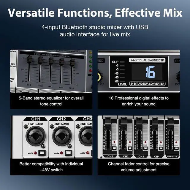 Alt view image 3 of 6 - Professional Audio Mixer,  Sound Console w/USB Audio Interface, 4-Channel Sound board DJ Mixer w/Stereo Equalizer, 16 DSP Effects, suitable for Stage, Live Gigs, and Karaoke (PTX-15)