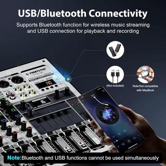 Alt view image 5 of 6 - Professional Audio Mixer,  Sound Console w/USB Audio Interface, 4-Channel Sound board DJ Mixer w/Stereo Equalizer, 16 DSP Effects, suitable for Stage, Live Gigs, and Karaoke (PTX-15)