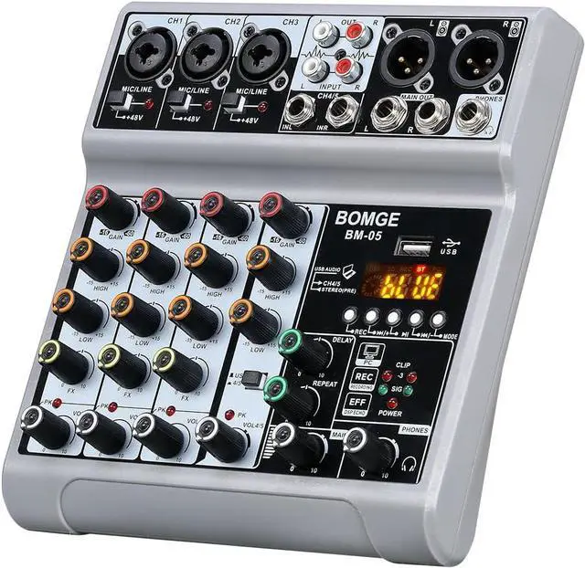 Main image of Audio Mixer, Sound Board Mixing Console with 5 Channel Digital USB Bluetooth Echo Delay Effect, 48V Phantom Power Stereo DJ Mixers for Recording, Live Streaming, Podcasting (BM-05 5 canales)