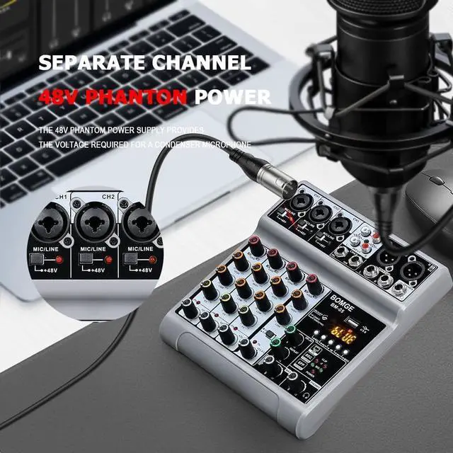 Alt view image 2 of 7 - Audio Mixer, Sound Board Mixing Console with 5 Channel Digital USB Bluetooth Echo Delay Effect, 48V Phantom Power Stereo DJ Mixers for Recording, Live Streaming, Podcasting (BM-05 5 canales)