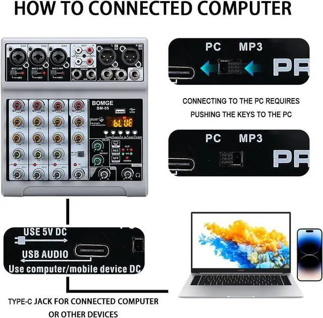 Alt view image 4 of 7 - Audio Mixer, Sound Board Mixing Console with 5 Channel Digital USB Bluetooth Echo Delay Effect, 48V Phantom Power Stereo DJ Mixers for Recording, Live Streaming, Podcasting (BM-05 5 canales)