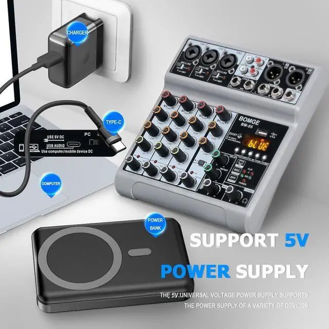 Alt view image 7 of 7 - Audio Mixer, Sound Board Mixing Console with 5 Channel Digital USB Bluetooth Echo Delay Effect, 48V Phantom Power Stereo DJ Mixers for Recording, Live Streaming, Podcasting (BM-05 5 canales)