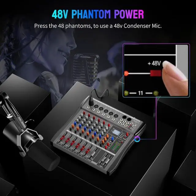 Alt view image 2 of 7 - Professional DJ Audio Mixer -  6 Channel DJ Bluetooth Controller Sound Mixer,USB Interface,6 XLR Mic/Line Input,AUX,FX Processor MP3 Player,+48V Phantom For Karaoke Studio Streaming Recording