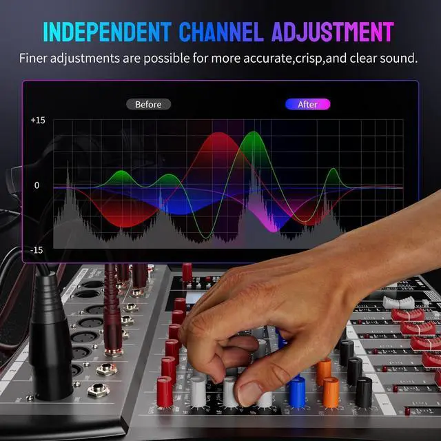 Alt view image 4 of 7 - Professional DJ Audio Mixer -  6 Channel DJ Bluetooth Controller Sound Mixer,USB Interface,6 XLR Mic/Line Input,AUX,FX Processor MP3 Player,+48V Phantom For Karaoke Studio Streaming Recording