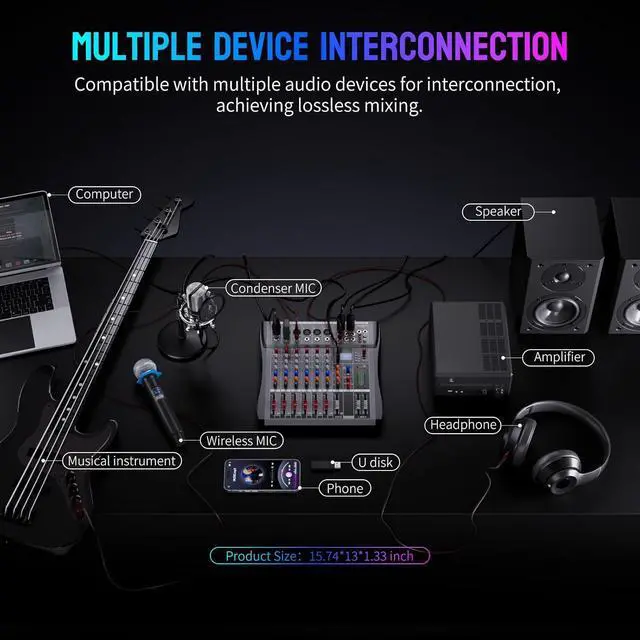 Alt view image 5 of 7 - Professional DJ Audio Mixer -  6 Channel DJ Bluetooth Controller Sound Mixer,USB Interface,6 XLR Mic/Line Input,AUX,FX Processor MP3 Player,+48V Phantom For Karaoke Studio Streaming Recording