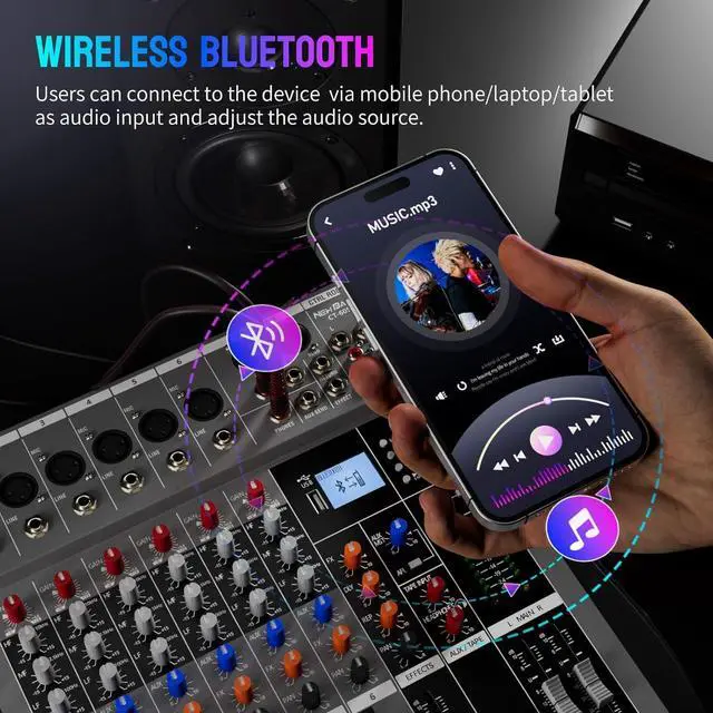 Alt view image 7 of 7 - Professional DJ Audio Mixer -  6 Channel DJ Bluetooth Controller Sound Mixer,USB Interface,6 XLR Mic/Line Input,AUX,FX Processor MP3 Player,+48V Phantom For Karaoke Studio Streaming Recording