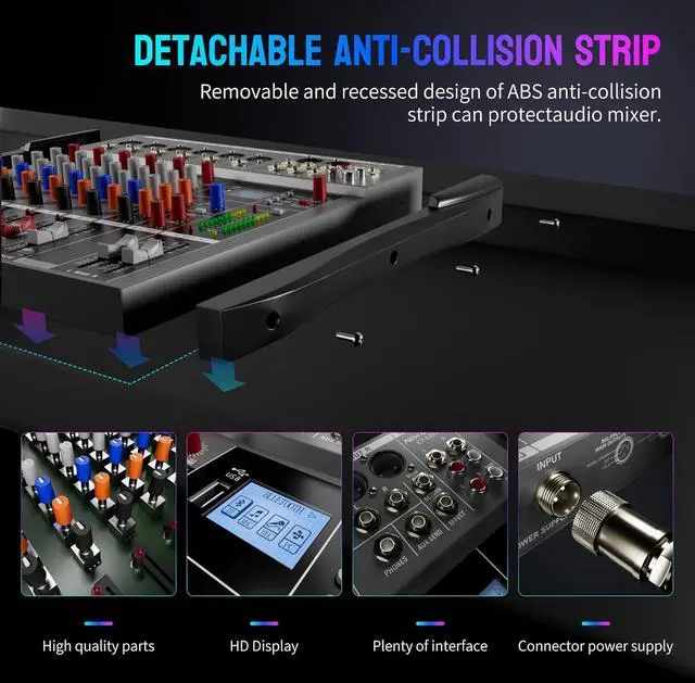 Alt view image 6 of 7 - Professional DJ Audio Mixer -  6 Channel DJ Bluetooth Controller Sound Mixer,USB Interface,6 XLR Mic/Line Input,AUX,FX Processor MP3 Player,+48V Phantom For Karaoke Studio Streaming Recording