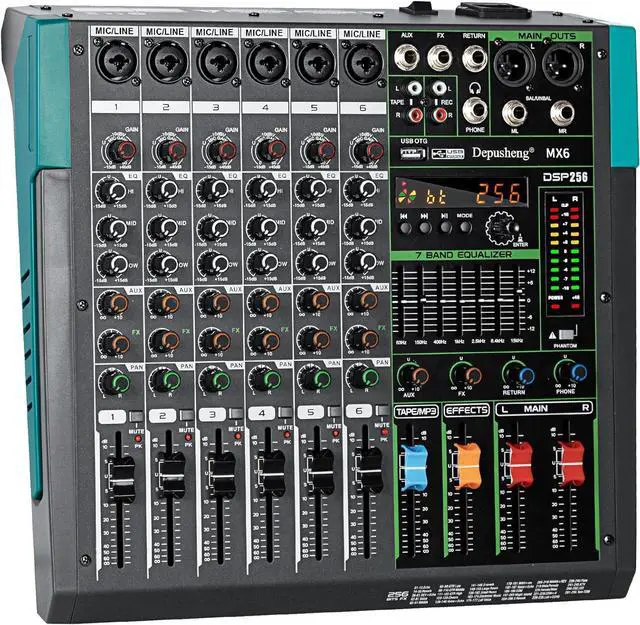Main image of MX6 6 Channel Sound Mixer Audio Mixing Console 48V 256DSP Professional USB PC Play Record Podcast Live Broadcast (US MX6)