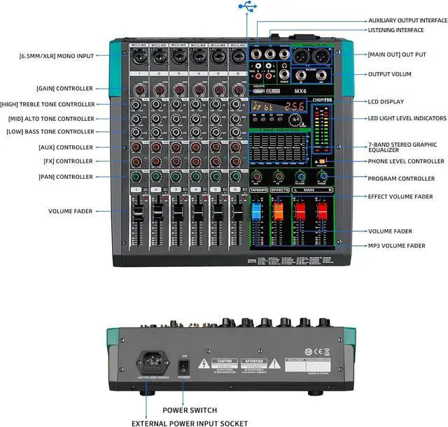 Alt view image 2 of 7 - MX6 6 Channel Sound Mixer Audio Mixing Console 48V 256DSP Professional USB PC Play Record Podcast Live Broadcast (US MX6)