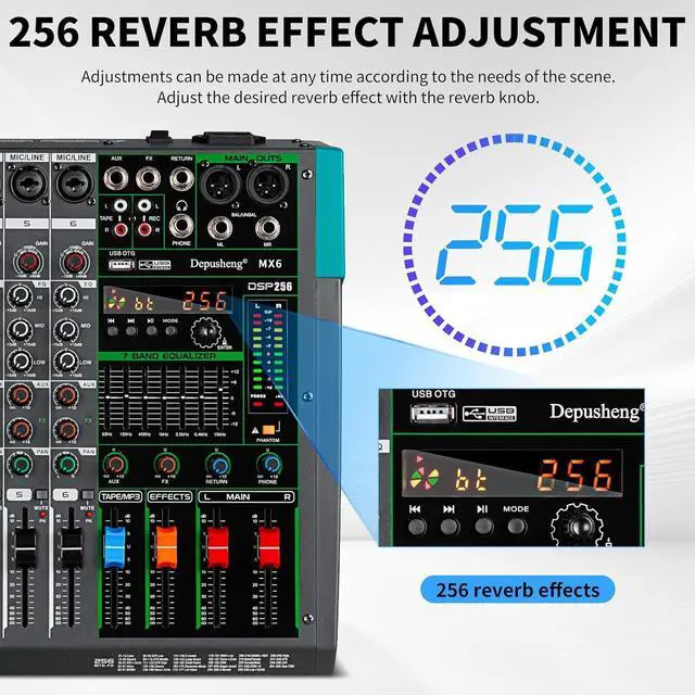 Alt view image 5 of 7 - MX6 6 Channel Sound Mixer Audio Mixing Console 48V 256DSP Professional USB PC Play Record Podcast Live Broadcast (US MX6)