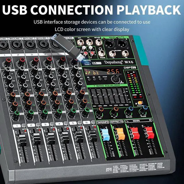 Alt view image 6 of 7 - MX6 6 Channel Sound Mixer Audio Mixing Console 48V 256DSP Professional USB PC Play Record Podcast Live Broadcast (US MX6)