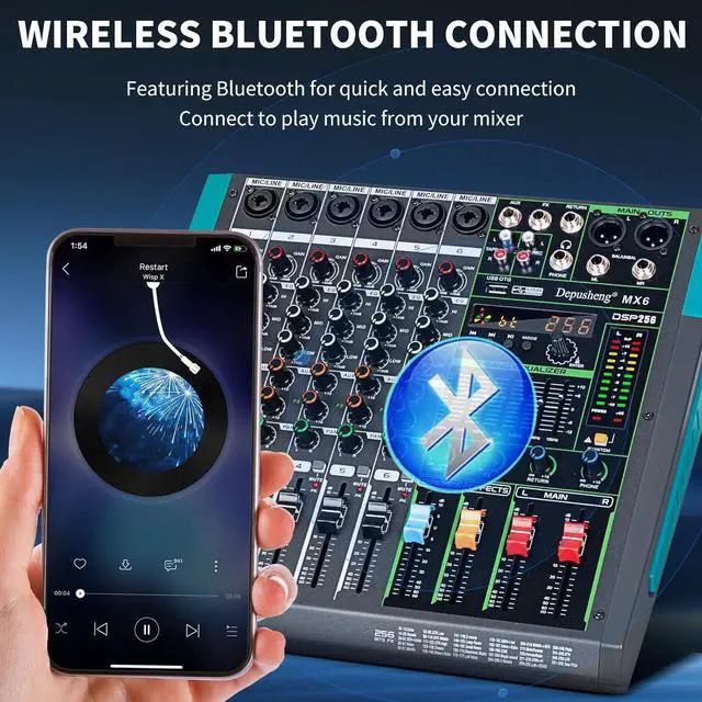 Alt view image 7 of 7 - MX6 6 Channel Sound Mixer Audio Mixing Console 48V 256DSP Professional USB PC Play Record Podcast Live Broadcast (US MX6)