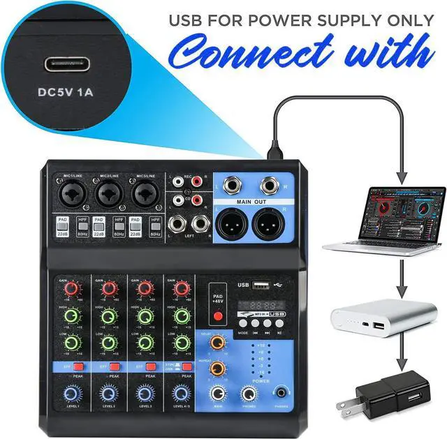 Alt view image 2 of 7 - Dj Mixers 5 Channel Audio Mixer Sound Board with Bluetooth, Usb Audio Interface with 48V Phantom Power Sounds Mixer Board with FX Reverb Delay Effect for Streaming