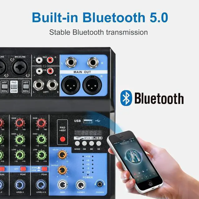 Alt view image 6 of 7 - Dj Mixers 5 Channel Audio Mixer Sound Board with Bluetooth, Usb Audio Interface with 48V Phantom Power Sounds Mixer Board with FX Reverb Delay Effect for Streaming