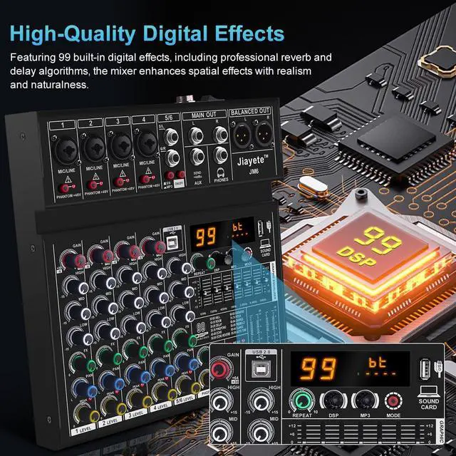 Alt view image 2 of 7 - 6 Channel DJ Mixer, Professional Audio Mixer, Metal, DSP 99 Preset Effects, Bluetooth Sound Board, 48V Phantom Power, Black USB Xlr Music Streaming Mini Mixing Console, Pa Mixer for PC, Podcast