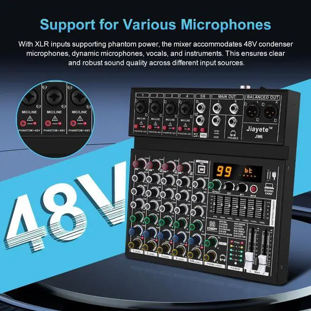 Alt view image 4 of 7 - 6 Channel DJ Mixer, Professional Audio Mixer, Metal, DSP 99 Preset Effects, Bluetooth Sound Board, 48V Phantom Power, Black USB Xlr Music Streaming Mini Mixing Console, Pa Mixer for PC, Podcast