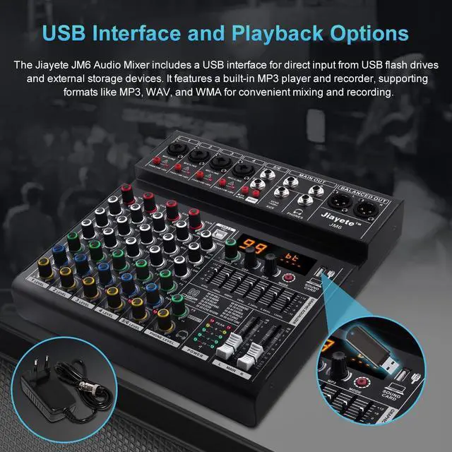 Alt view image 3 of 7 - 6 Channel DJ Mixer, Professional Audio Mixer, Metal, DSP 99 Preset Effects, Bluetooth Sound Board, 48V Phantom Power, Black USB Xlr Music Streaming Mini Mixing Console, Pa Mixer for PC, Podcast