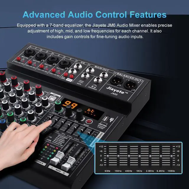 Alt view image 5 of 7 - 6 Channel DJ Mixer, Professional Audio Mixer, Metal, DSP 99 Preset Effects, Bluetooth Sound Board, 48V Phantom Power, Black USB Xlr Music Streaming Mini Mixing Console, Pa Mixer for PC, Podcast