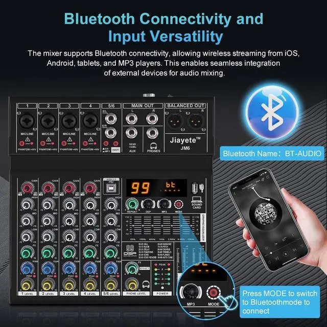 Alt view image 6 of 7 - 6 Channel DJ Mixer, Professional Audio Mixer, Metal, DSP 99 Preset Effects, Bluetooth Sound Board, 48V Phantom Power, Black USB Xlr Music Streaming Mini Mixing Console, Pa Mixer for PC, Podcast